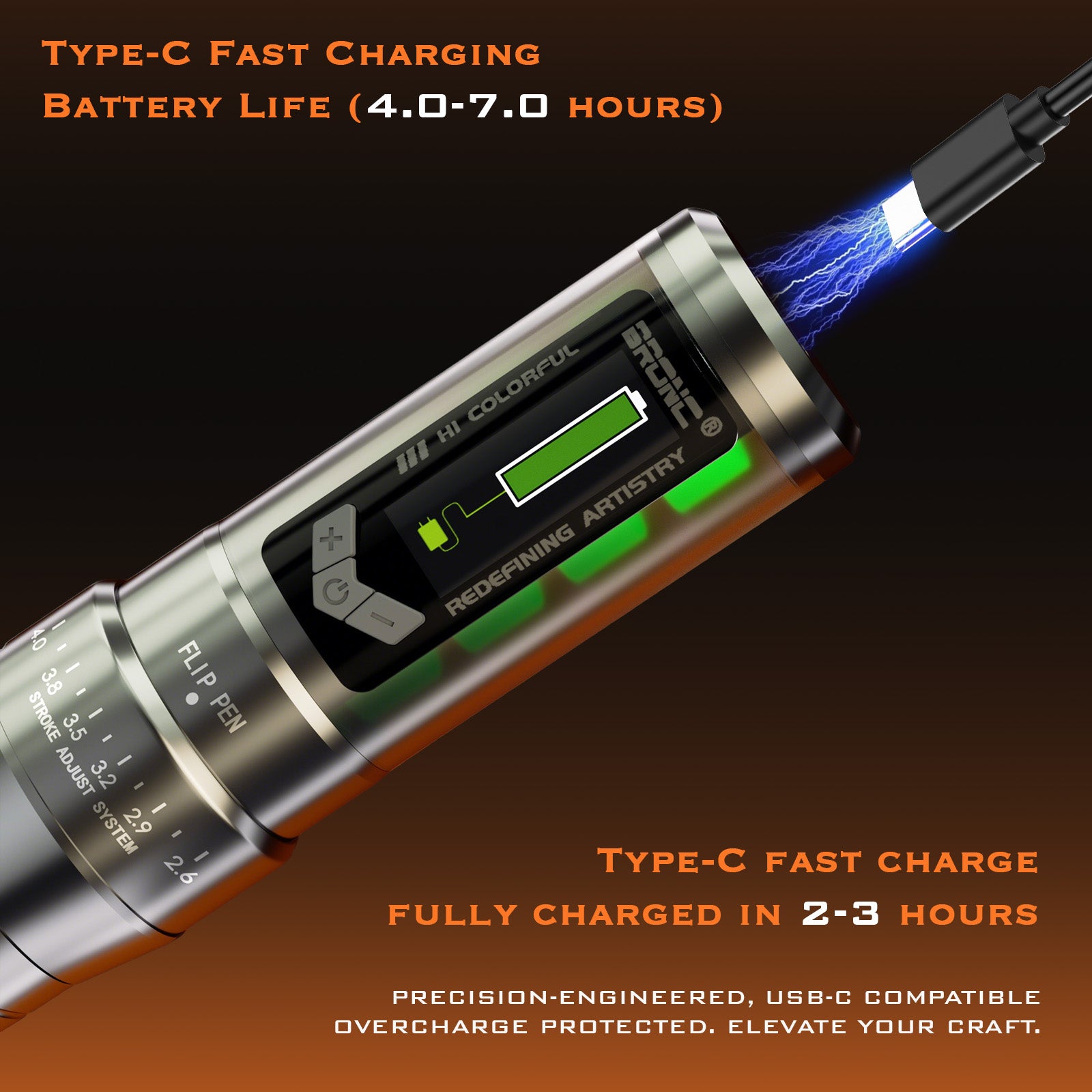 Adjustable wireless pen for SMP & tattoo with lightweight design, fast charging, variable voltage output, and overload protection.