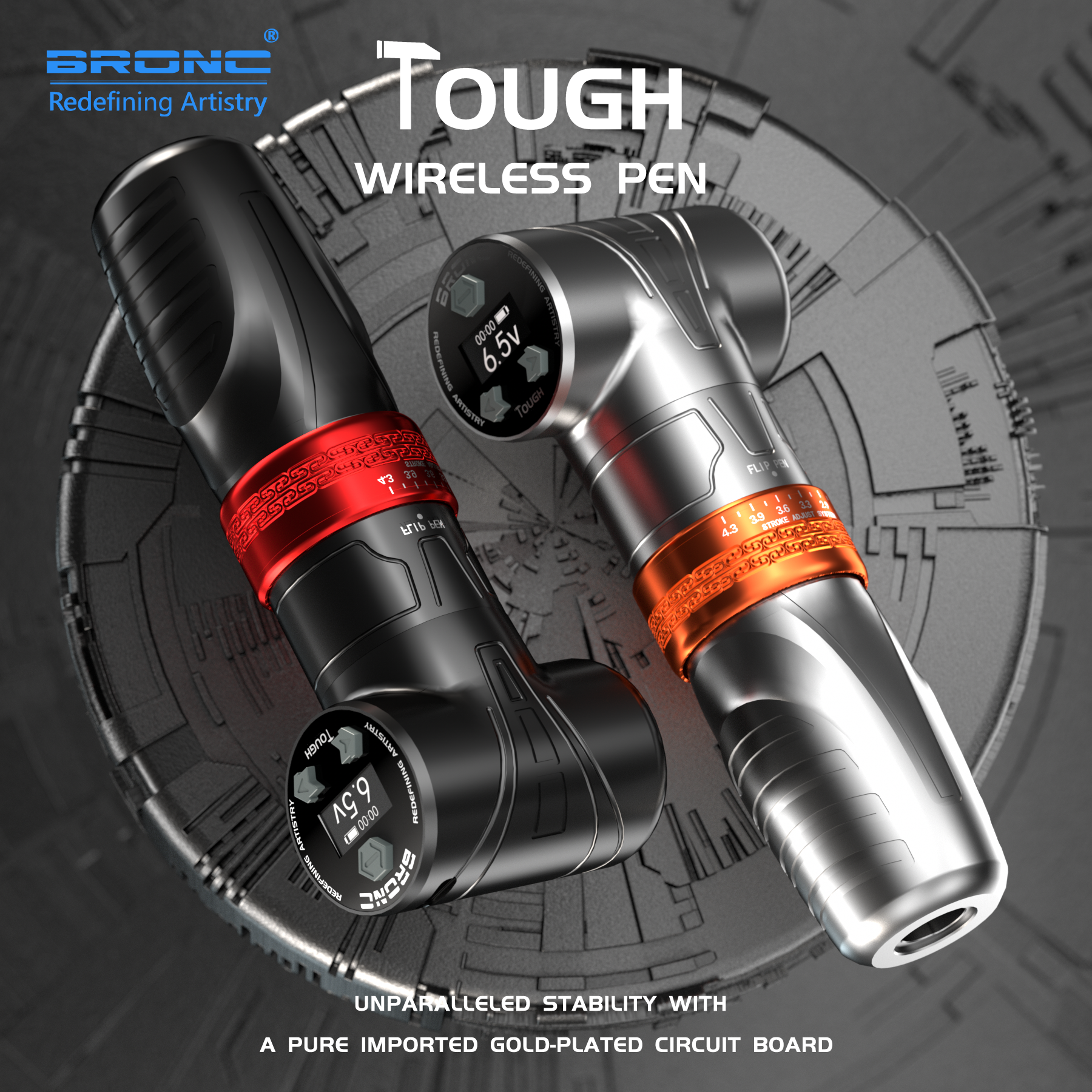BRONC Tattoo Pen Machine TOUGH Adjustable Wireless Pen - Versatile tattooing tool.