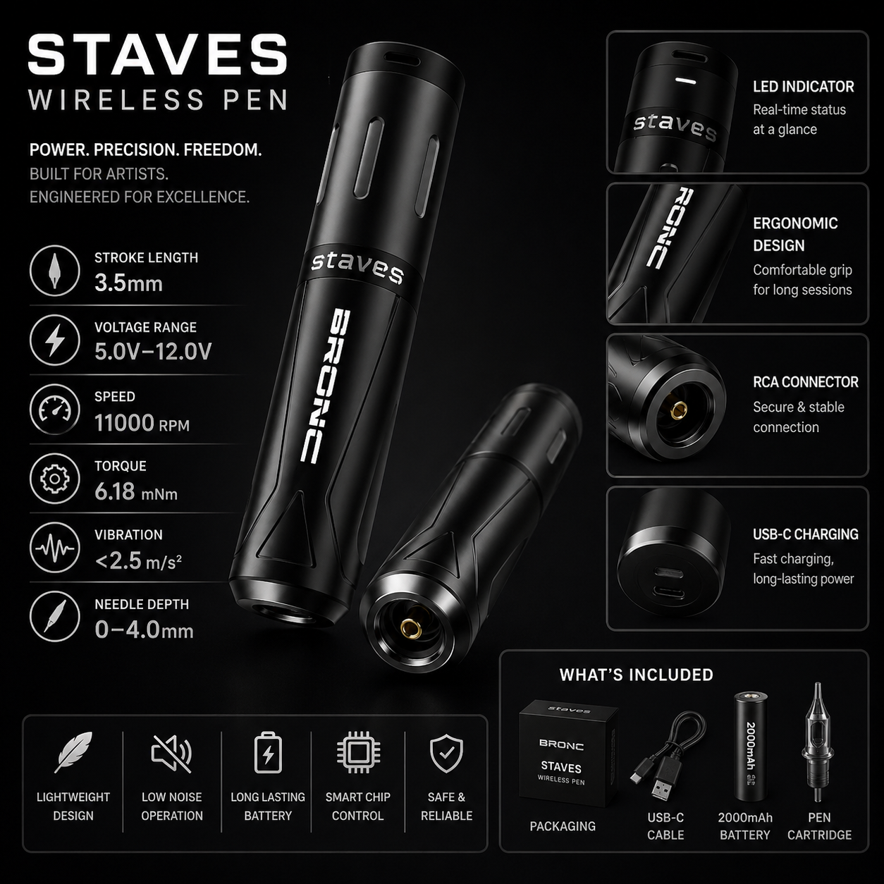 Bronc Staves wireless pen with specifications and features on a black background