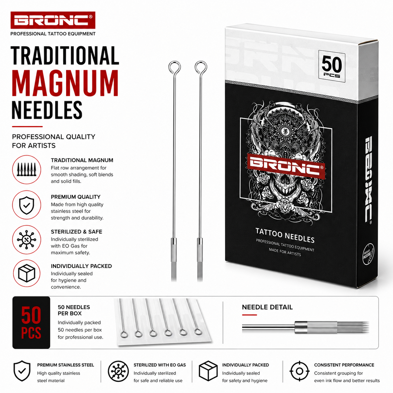 BRONC 50pcs Traditional Magnum Tattoo Needles