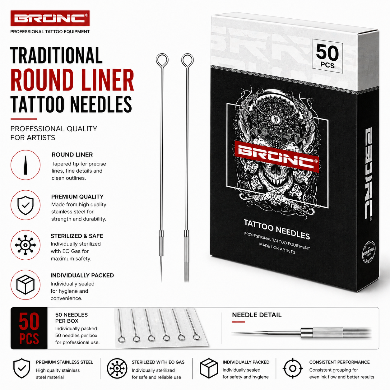 BRONC 50pcs Traditional Round Shader Tattoo Needles