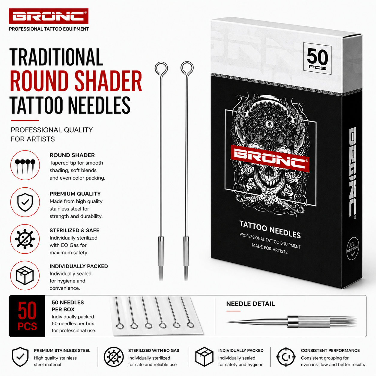 BRONC 50pcs Traditional Round Shader Tattoo Needles