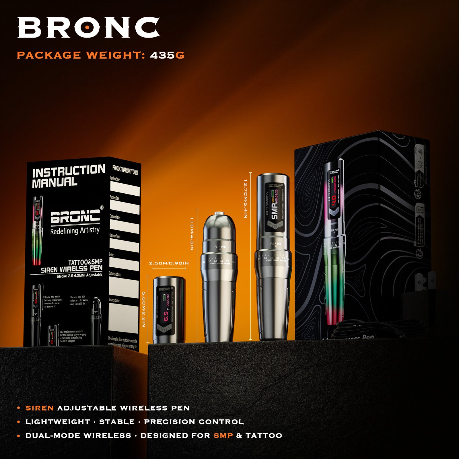 Adjustable wireless pen for SMP & tattoo with lightweight design, fast charging, variable voltage output, and overload protection.