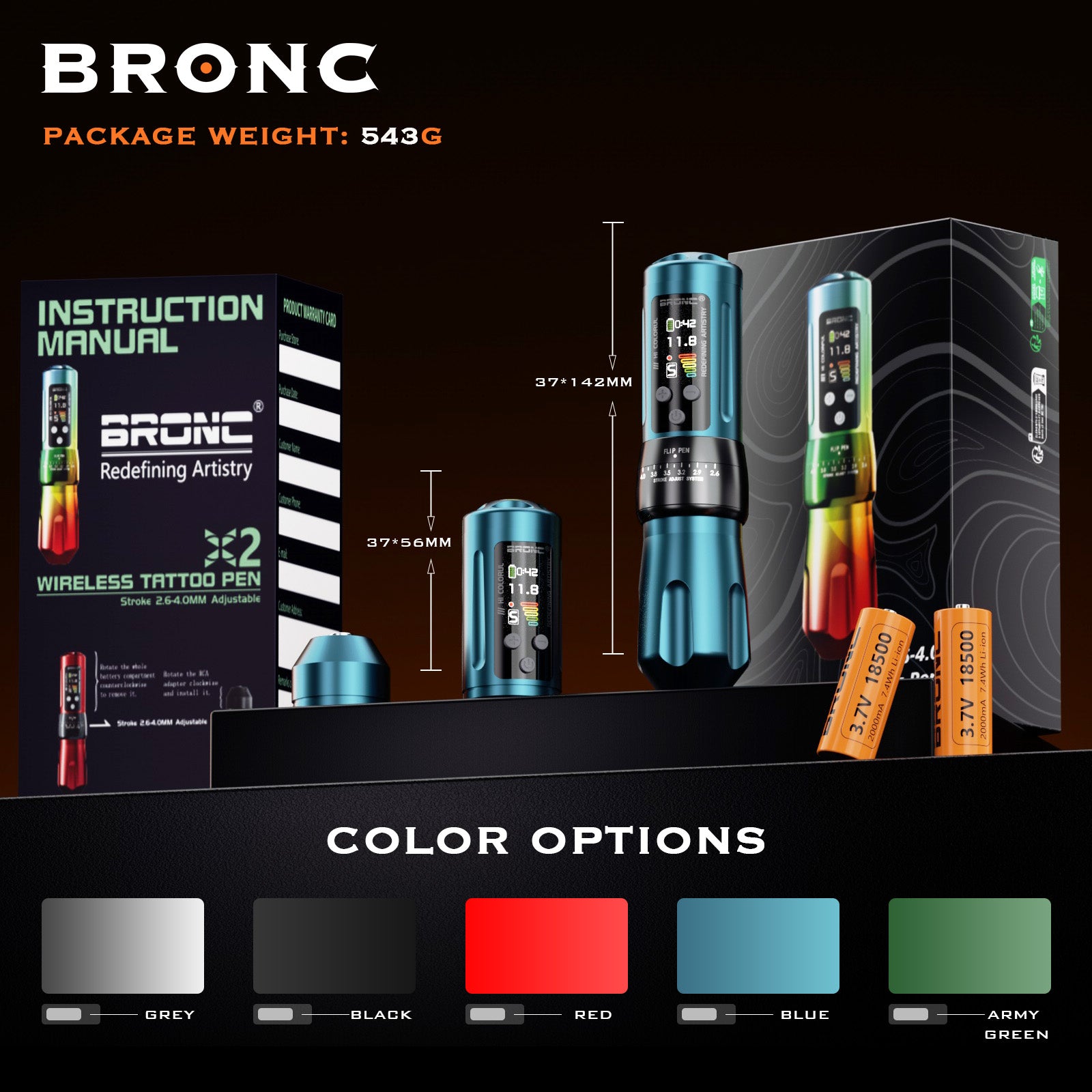 BRONC X2 Adjustable Wireless Tattoo Pen | Full Control & Long