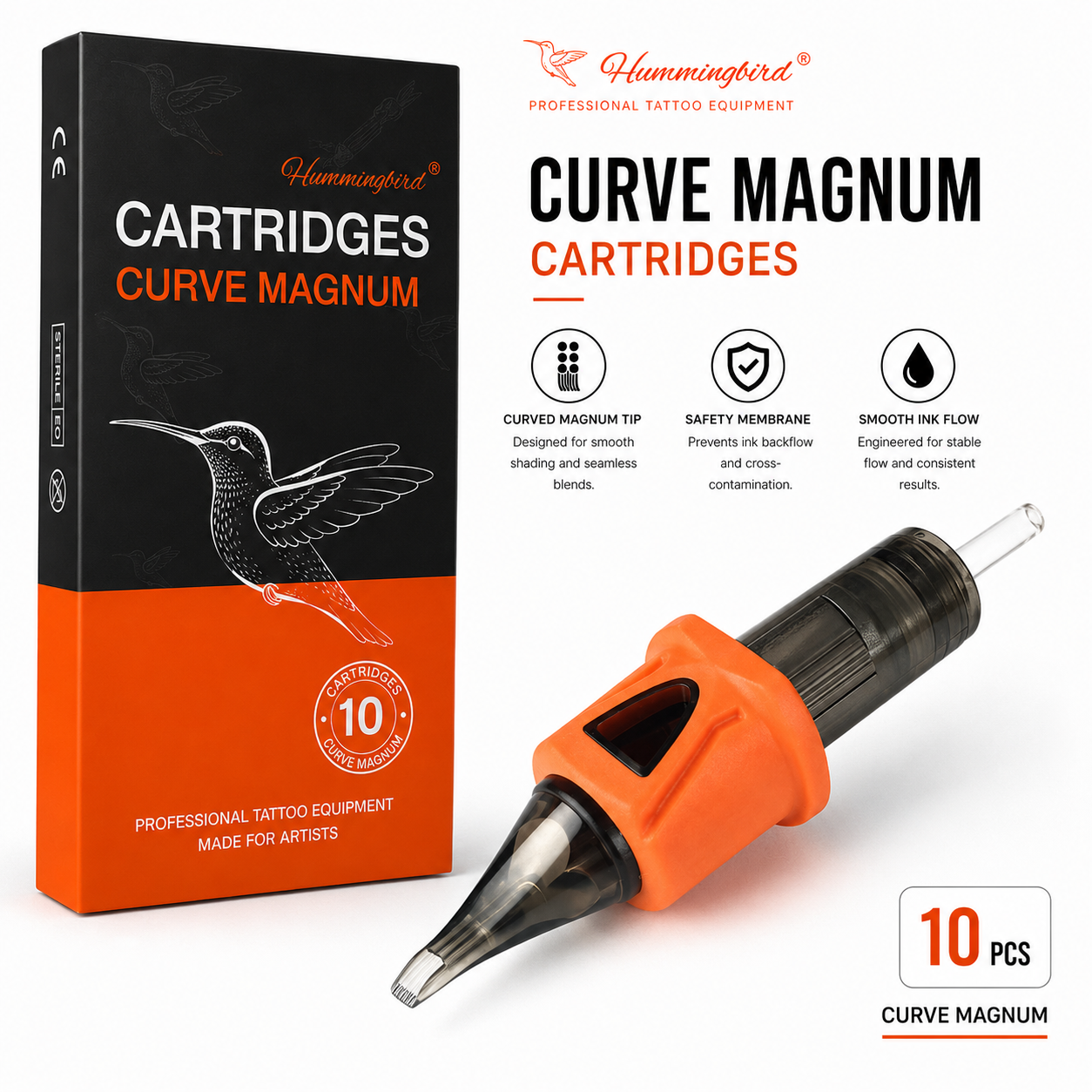 Hummingbird Curve Magnum tattoo cartridge packaging with cartridge on a white background