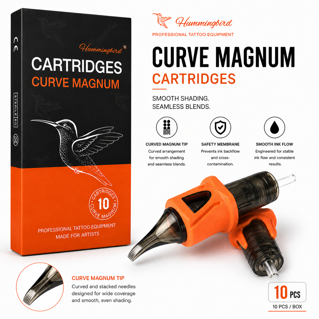 Hummingbird Curve Magnum tattoo cartridge packaging with cartridge on a white background