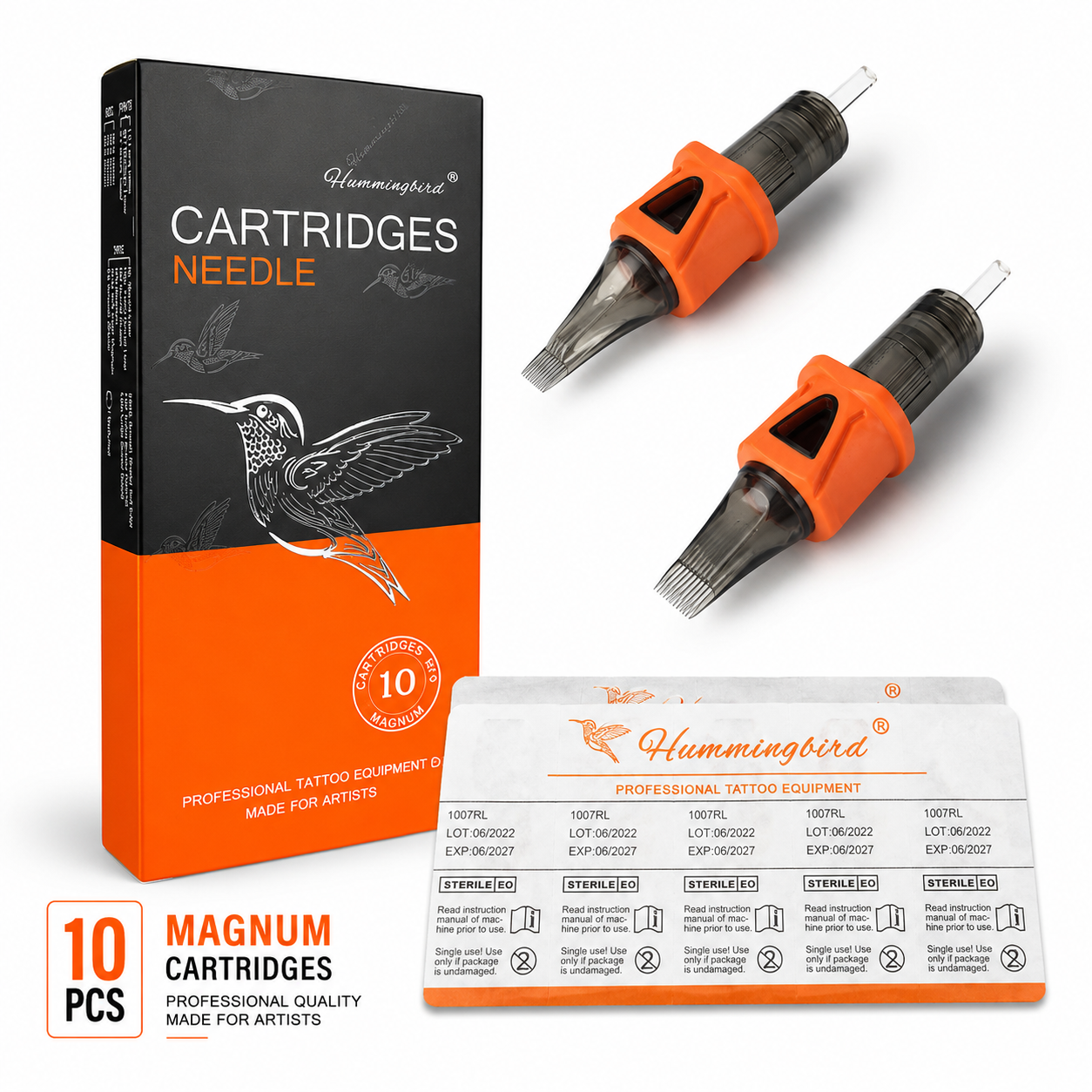 Tattoo cartridge packaging with needles and a box labeled 'Hummingbird'.