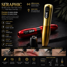 Seraphic wireless tattoo pen with specifications and uses on a dark background