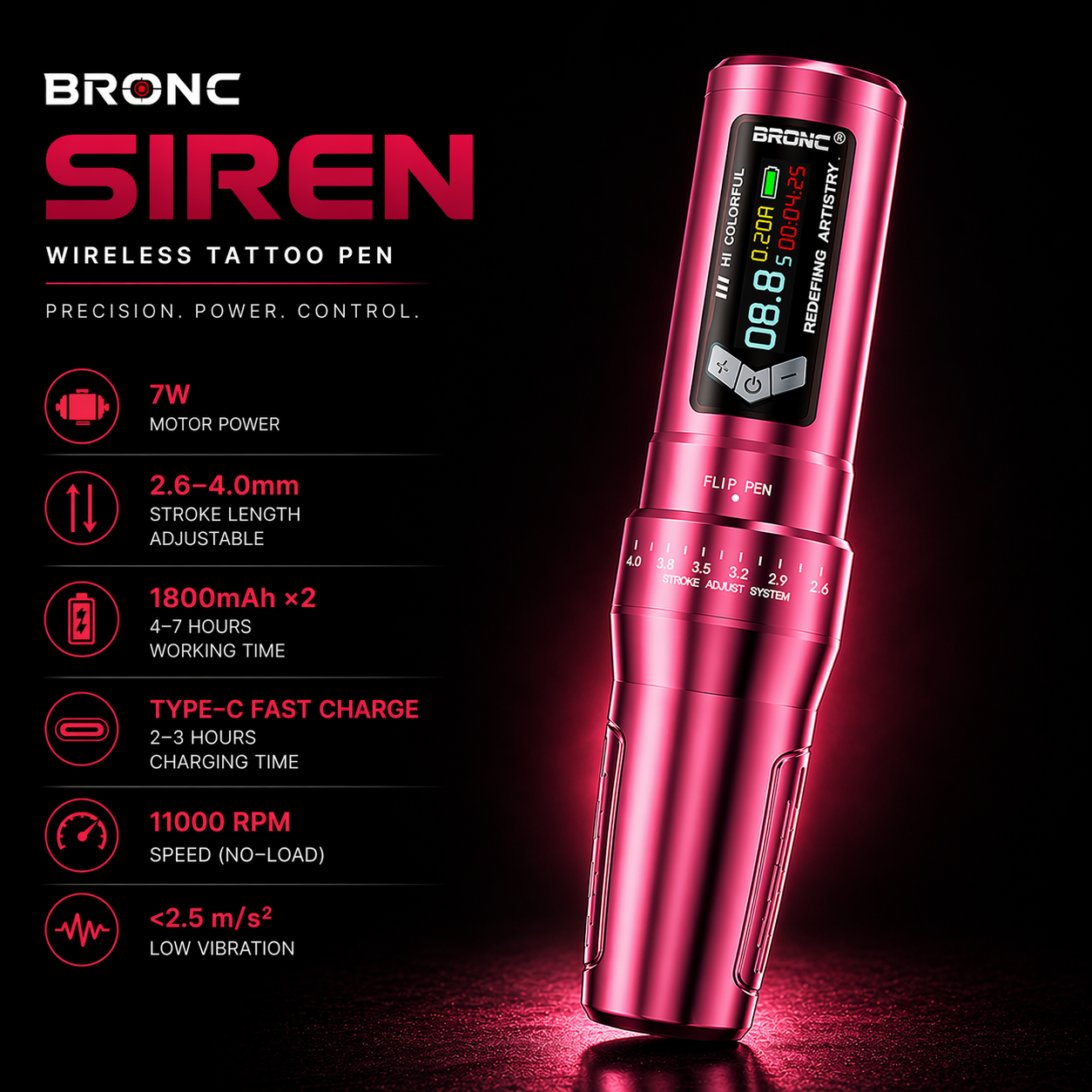 Bronc Siren wireless tattoo pen with specifications on a dark background