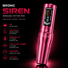 Bronc Siren wireless tattoo pen with specifications on a dark background