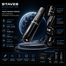 Staves wireless pen with specifications and features displayed on a dark background