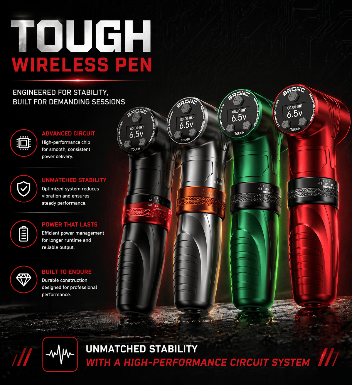 BRONC Tattoo Machine TOUGH Adjustable Wireless Pen TOUGH Wireless Tattoo Pen Adjustable Stroke Long Battery Professional Machine