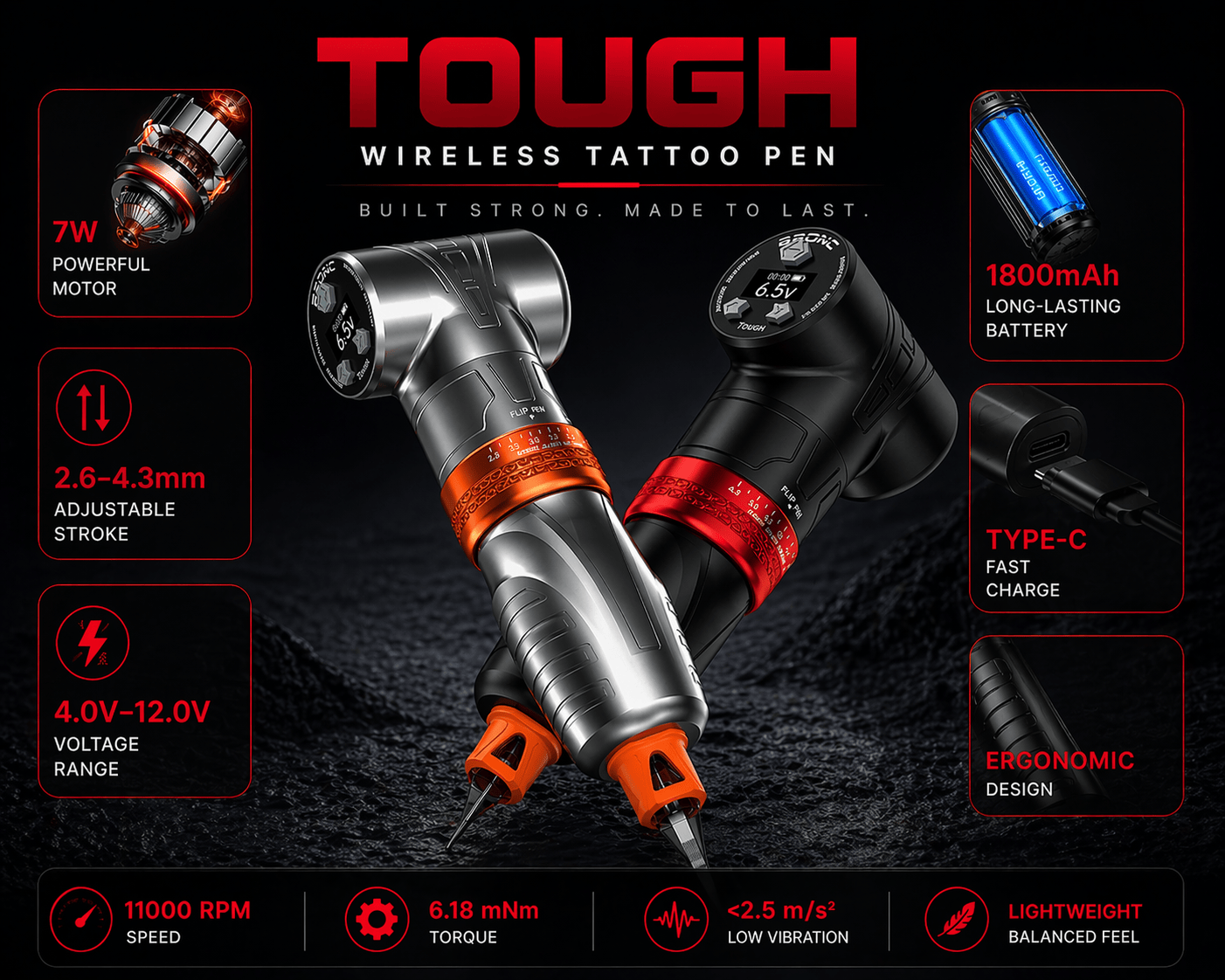 BRONC Tattoo Machine TOUGH Adjustable Wireless Pen TOUGH Wireless Tattoo Pen Adjustable Stroke Long Battery Professional Machine