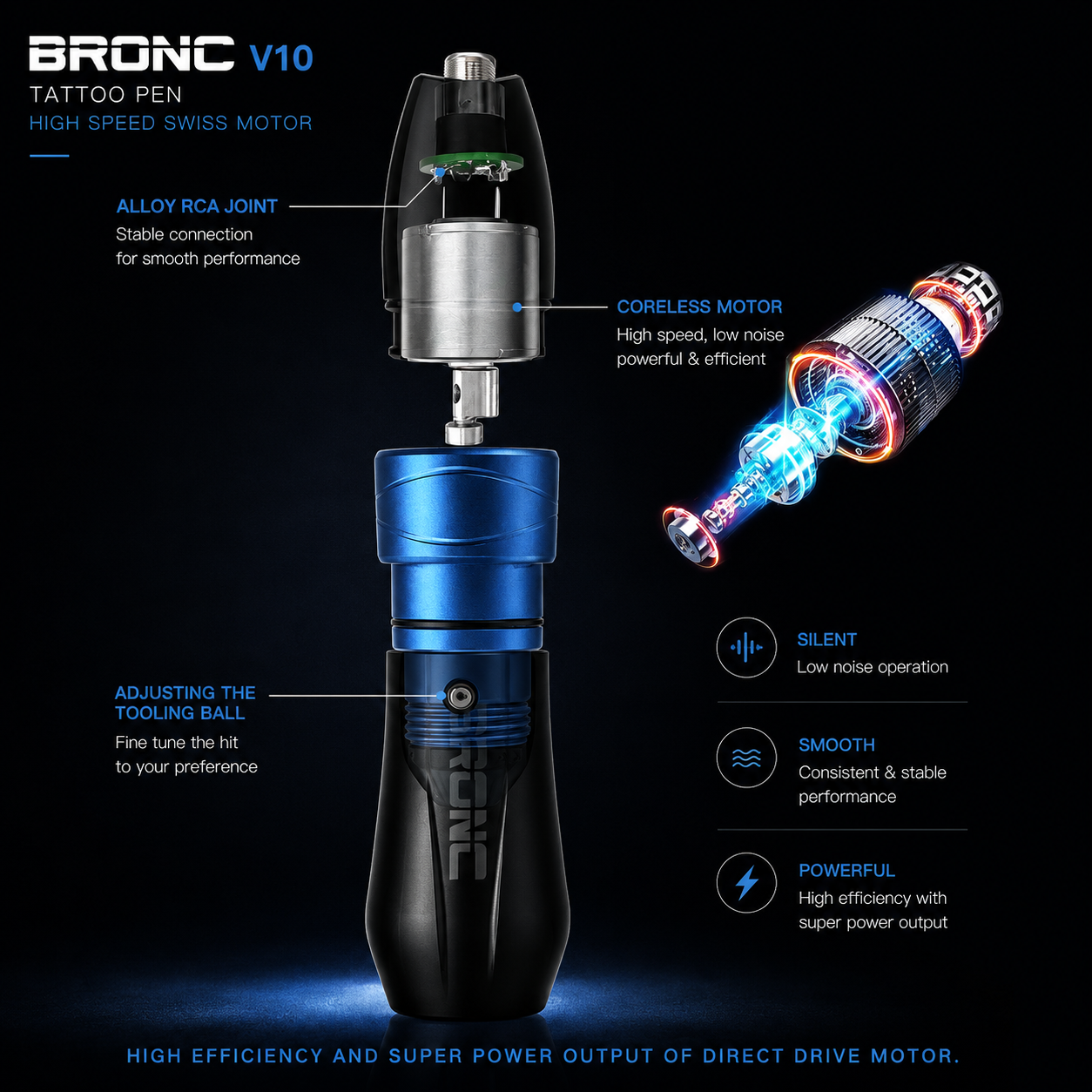 BRONC V10 tattoo pen with technical details on a black background