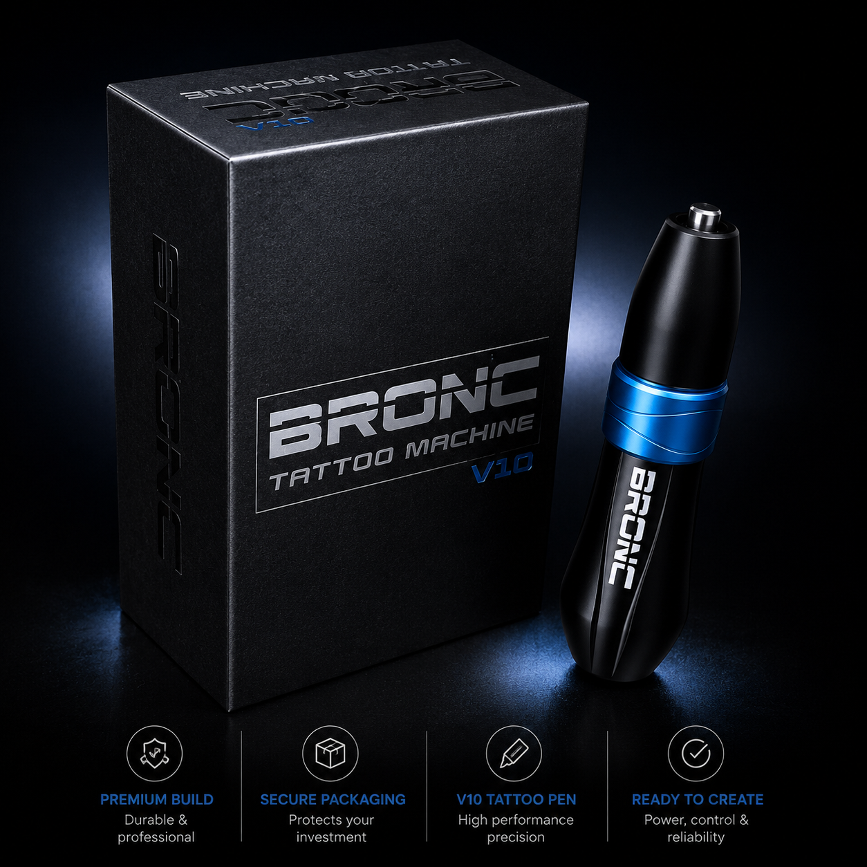 Bronc tattoo machine V10 with packaging on a dark background