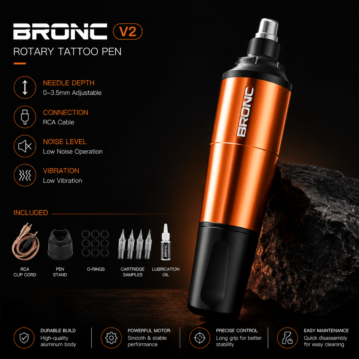 Bronc V2 rotary tattoo pen with features listed on a dark background
