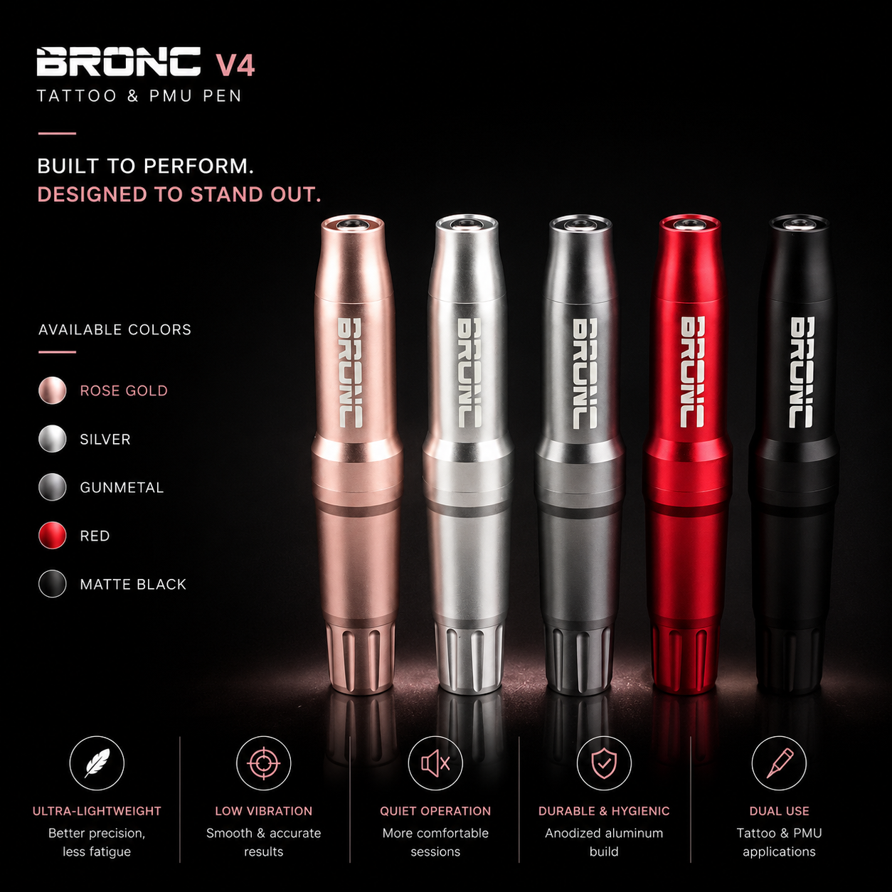Bronc V4 tattoo and PMU pen with color options on a black background