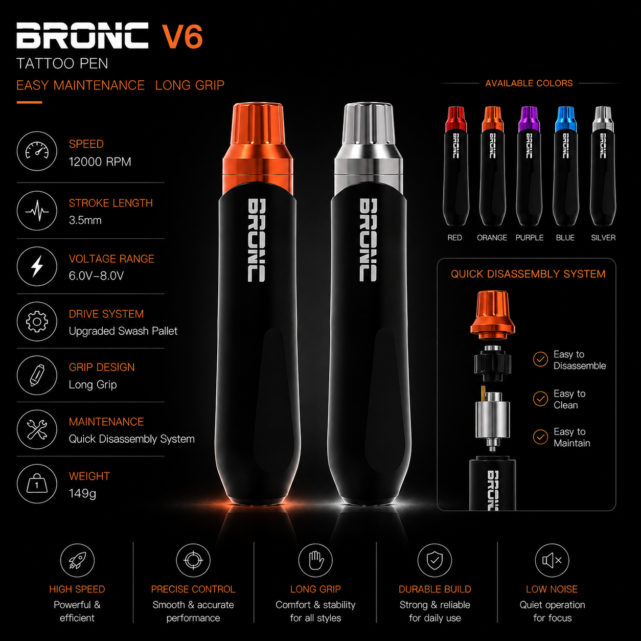 Bronc V6 tattoo pen with specifications and color options on a dark background