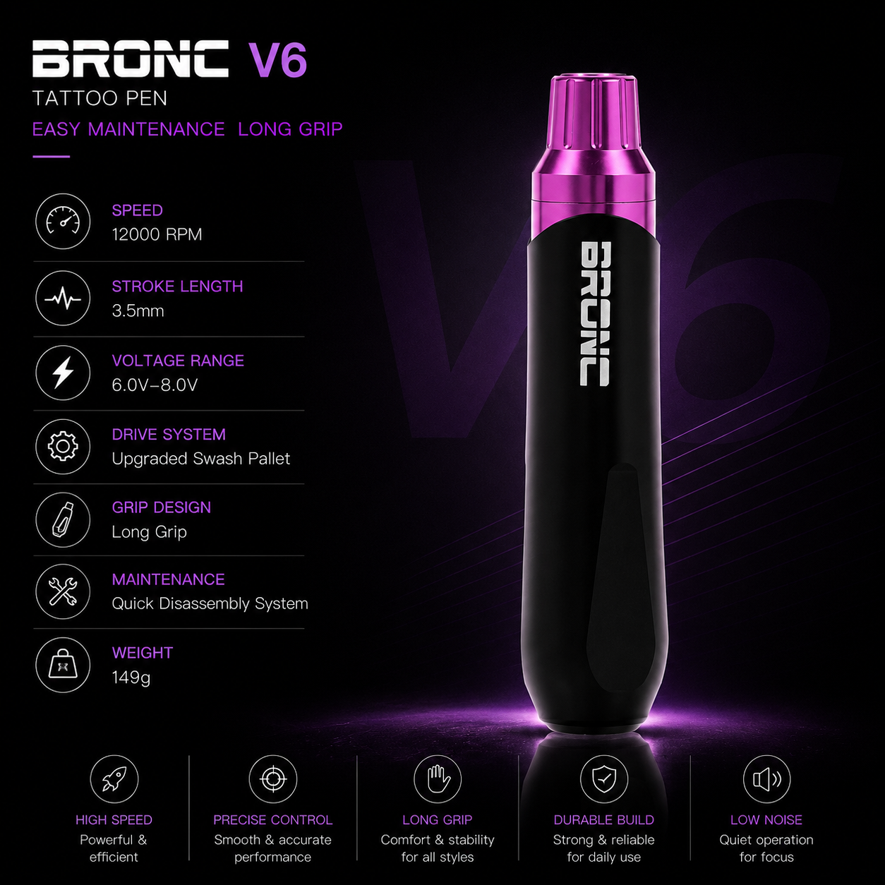 BRONC V6 tattoo pen with specifications on a dark background
