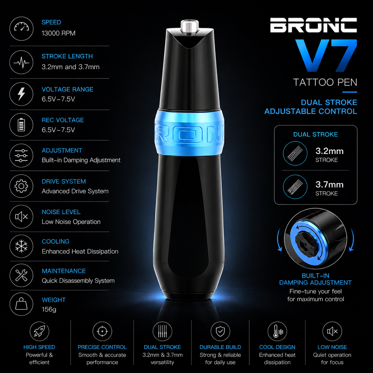 Bronc V7 tattoo pen with specifications on a dark background