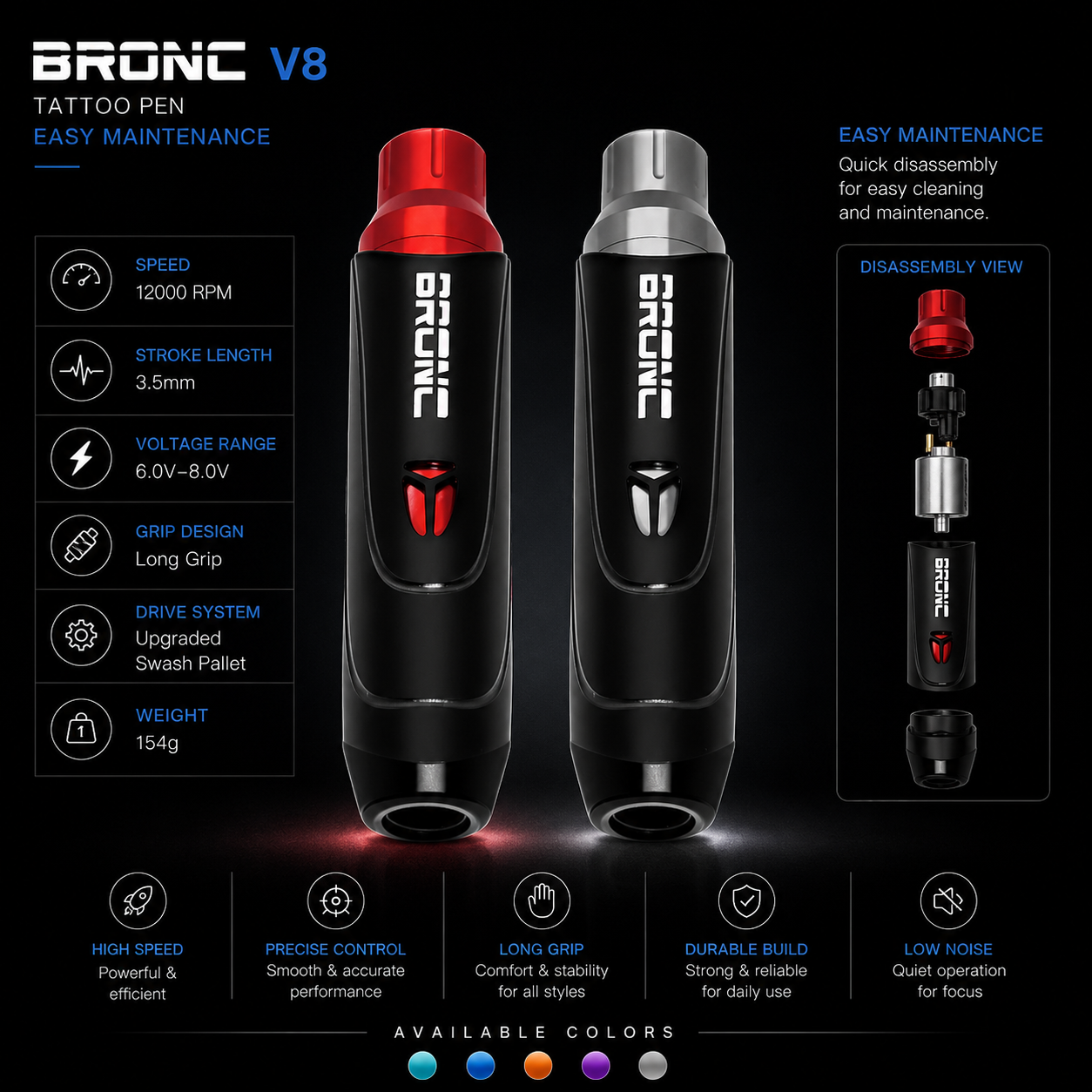 BRONC V8 tattoo pen with features listed on a dark background