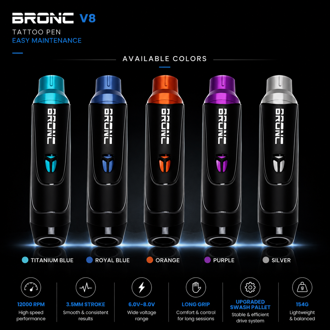 Bronc V8 tattoo pen with color options on a black background