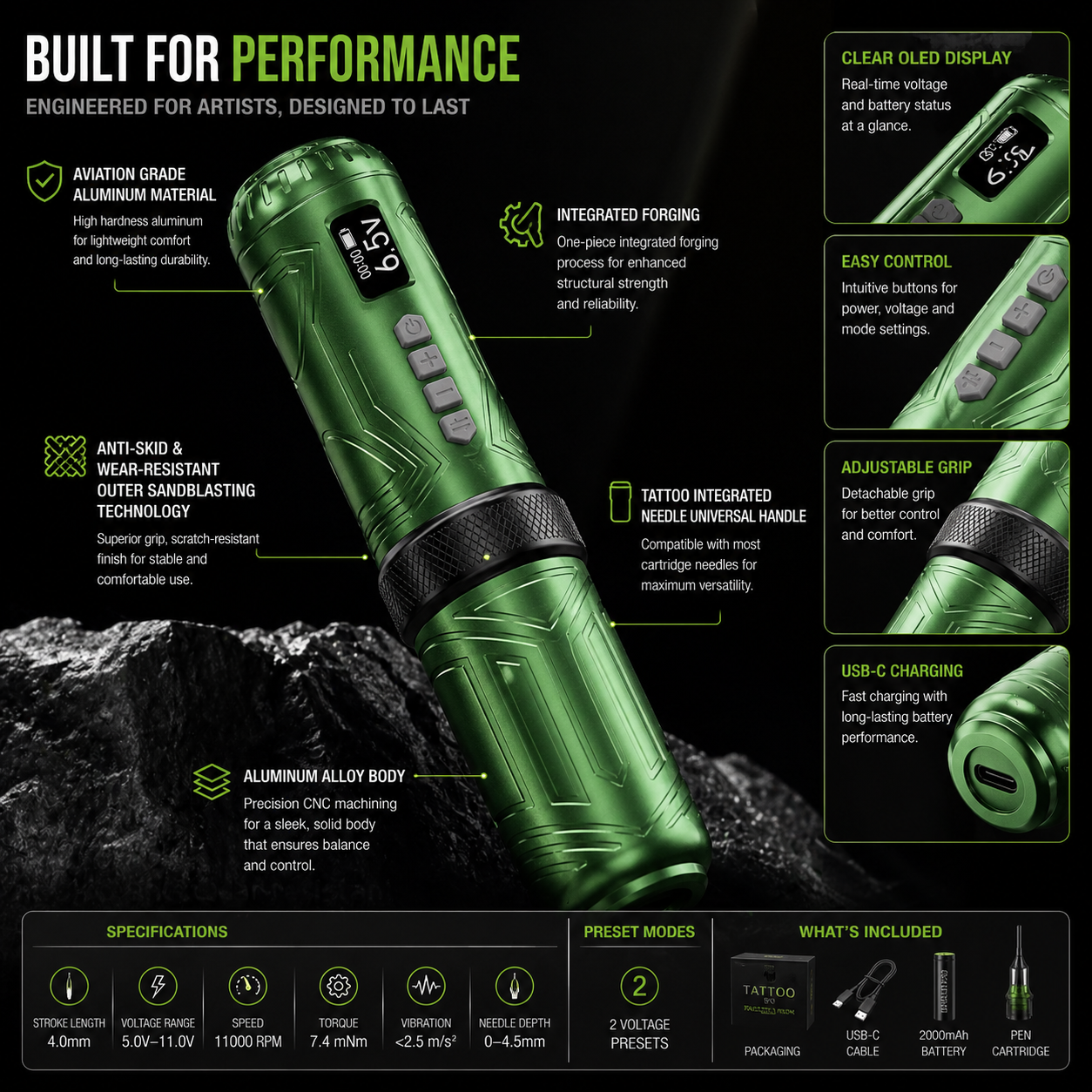 Green tattoo machine with features highlighted on a black background